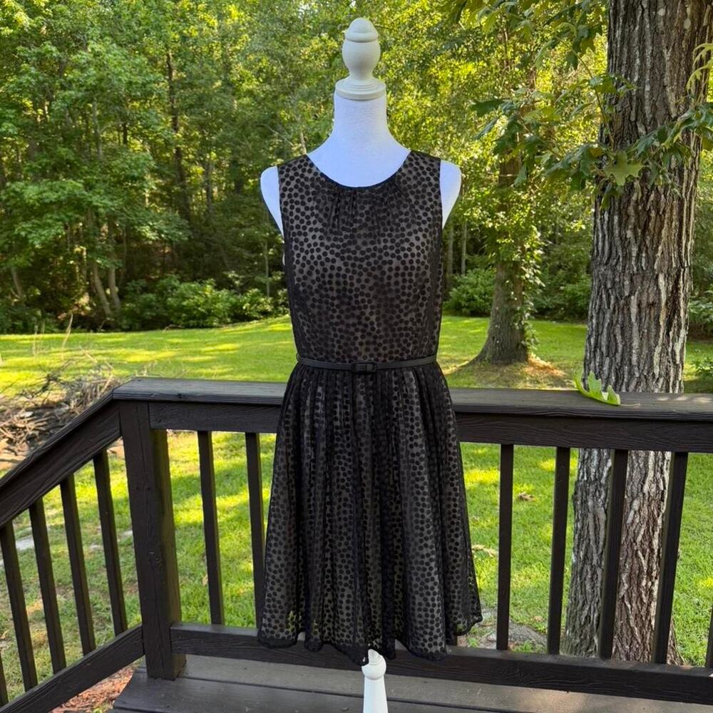 Jessica Howard Black Polka Dot Fit & Flare Dress  Sheer‎ Overlay Cocktail Party